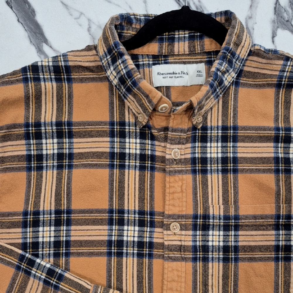 A&F Soft Flannel Shirt, Golden Yellow/Orange & Blue Plaid